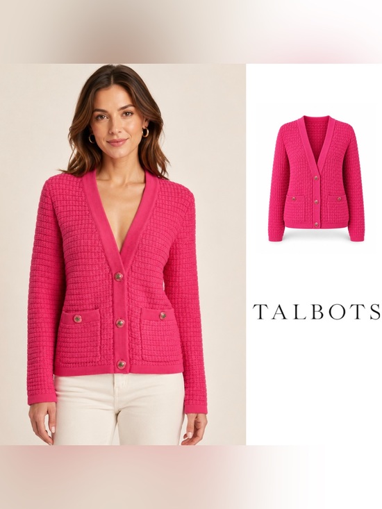 Talbots Sweaters - NEW Talbots Hot Pink Textured V-Neck Button Cardigan